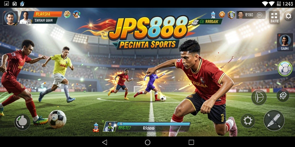 Screenshot utama JPS888 menampilkan aksi seru di lapangan olahraga.