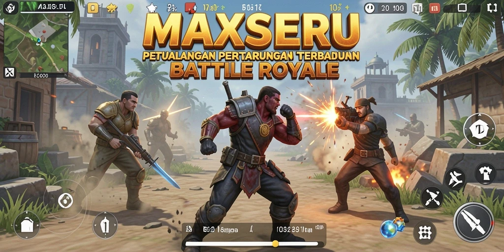 Tampilan permainan <strong>MAXSERU</strong> dalam aksi Battle Royale yang mendebarkan.